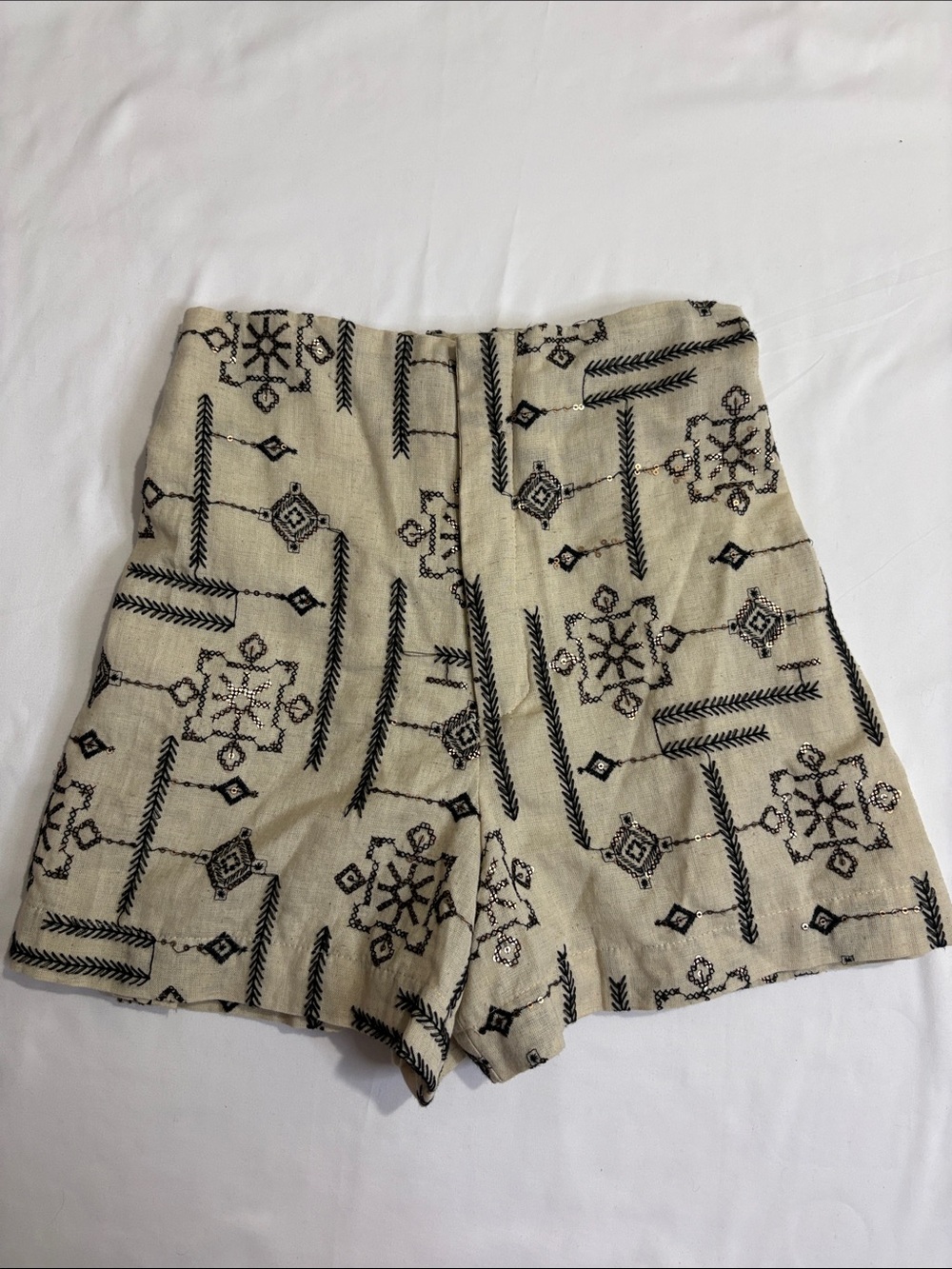 Greek Resortwear Aesthetic Linen Look 100% Cotton Embroidered Sequin High Waist